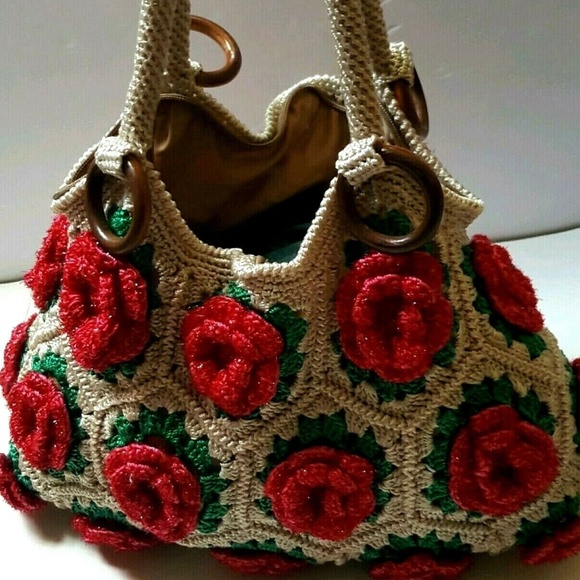 Vintage knit crochet sparkle large floral  bag - Picture 1 of 8